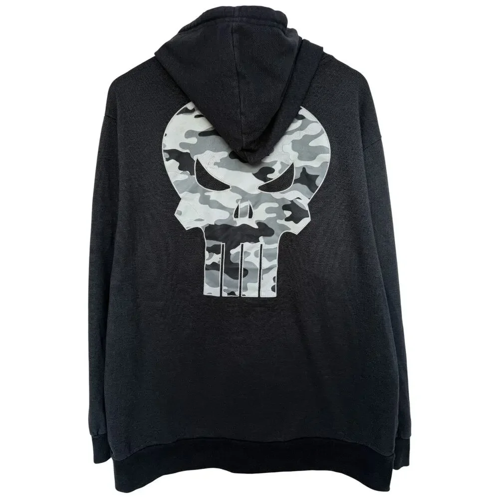 Marvel Punisher Hoodie Mens 2XL Black Camo Skull Graphic Zip Up Streetwear